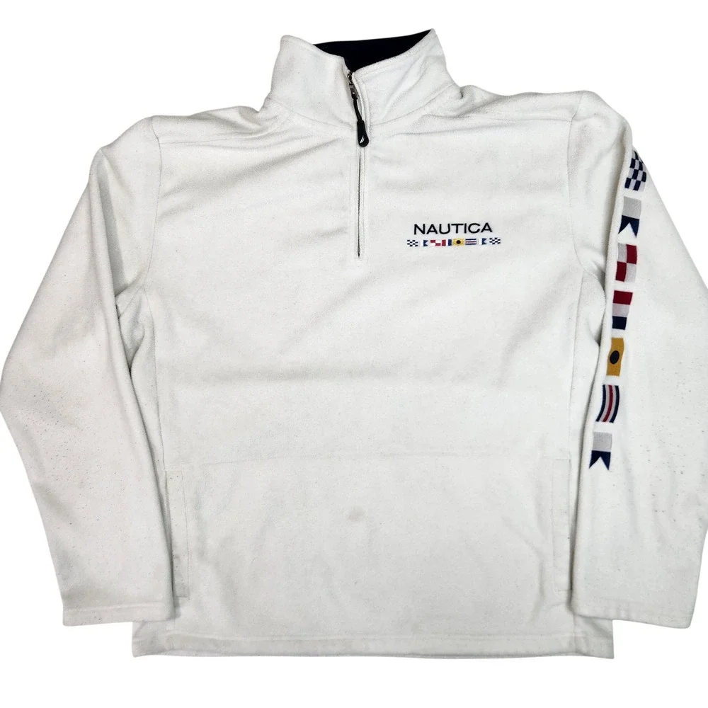 Nautica Mens White Fleece 1/4 Zip Pullover Jacket Nautical Flag Sleeve Size L